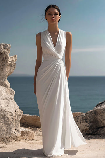 White V-Neck Ruched Sheath Engagement Dress